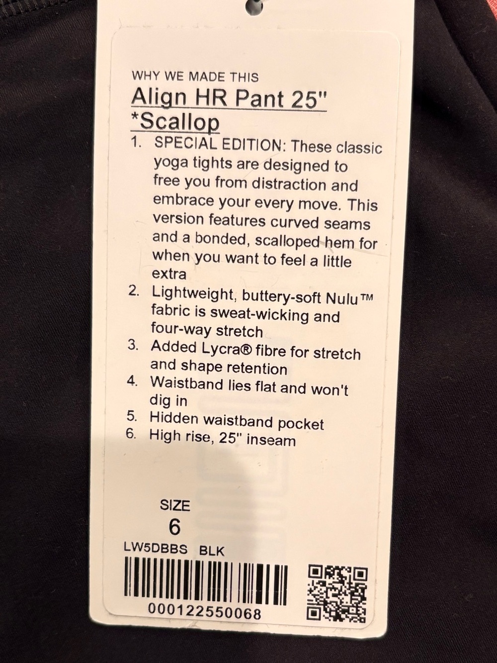 ***RARE! Lululemon~ Align High Rise Pant 25” Scallop in classic Black, Size 6. - Picture 2 of 9